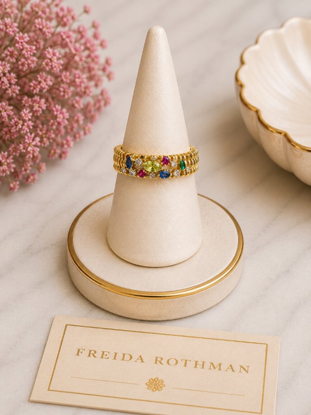 Freida Rothman Sterling Silver Multicolor Stone Ribbed Band Size 9 NEW $99 MSRP